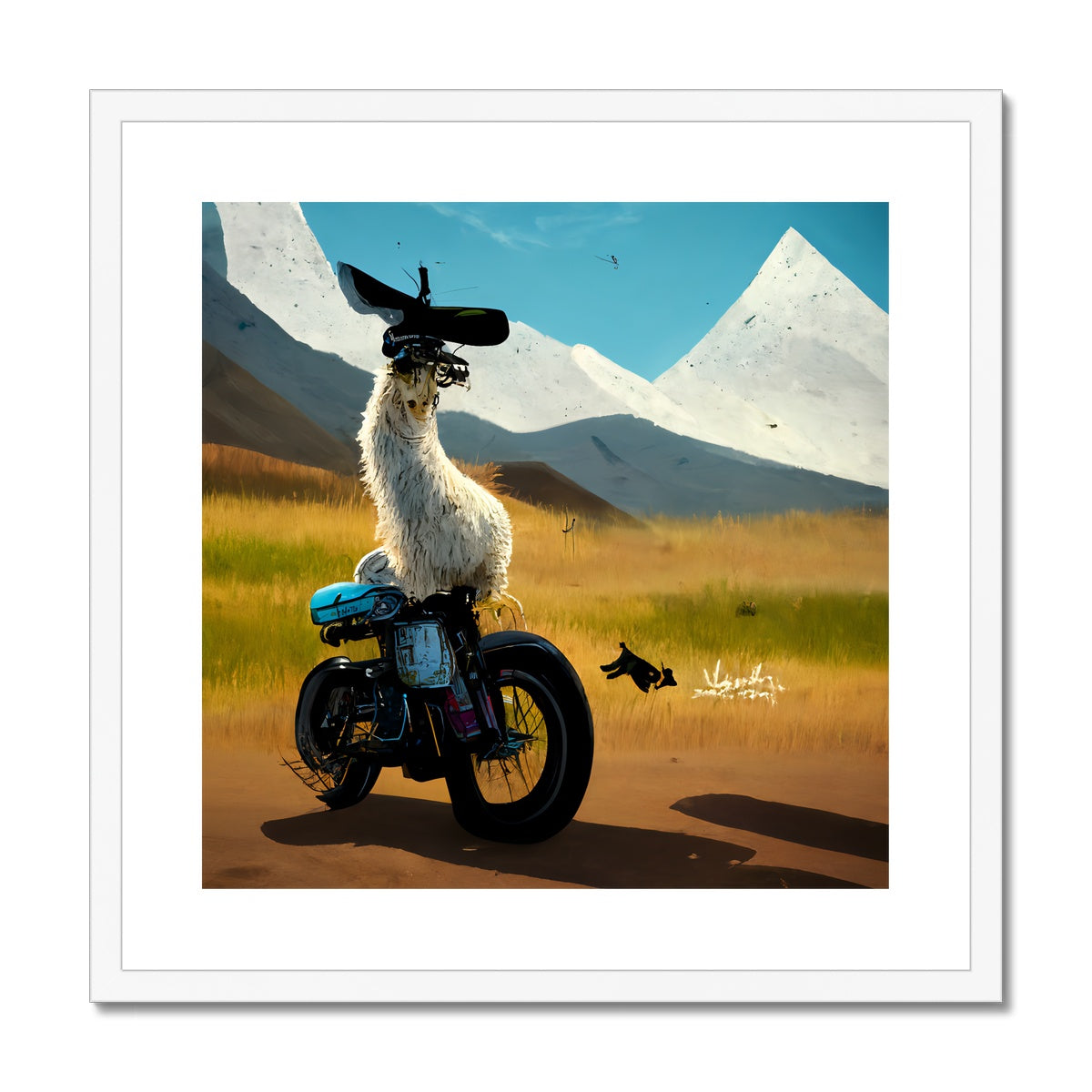 Llama on a Bike Framed & Mounted Print